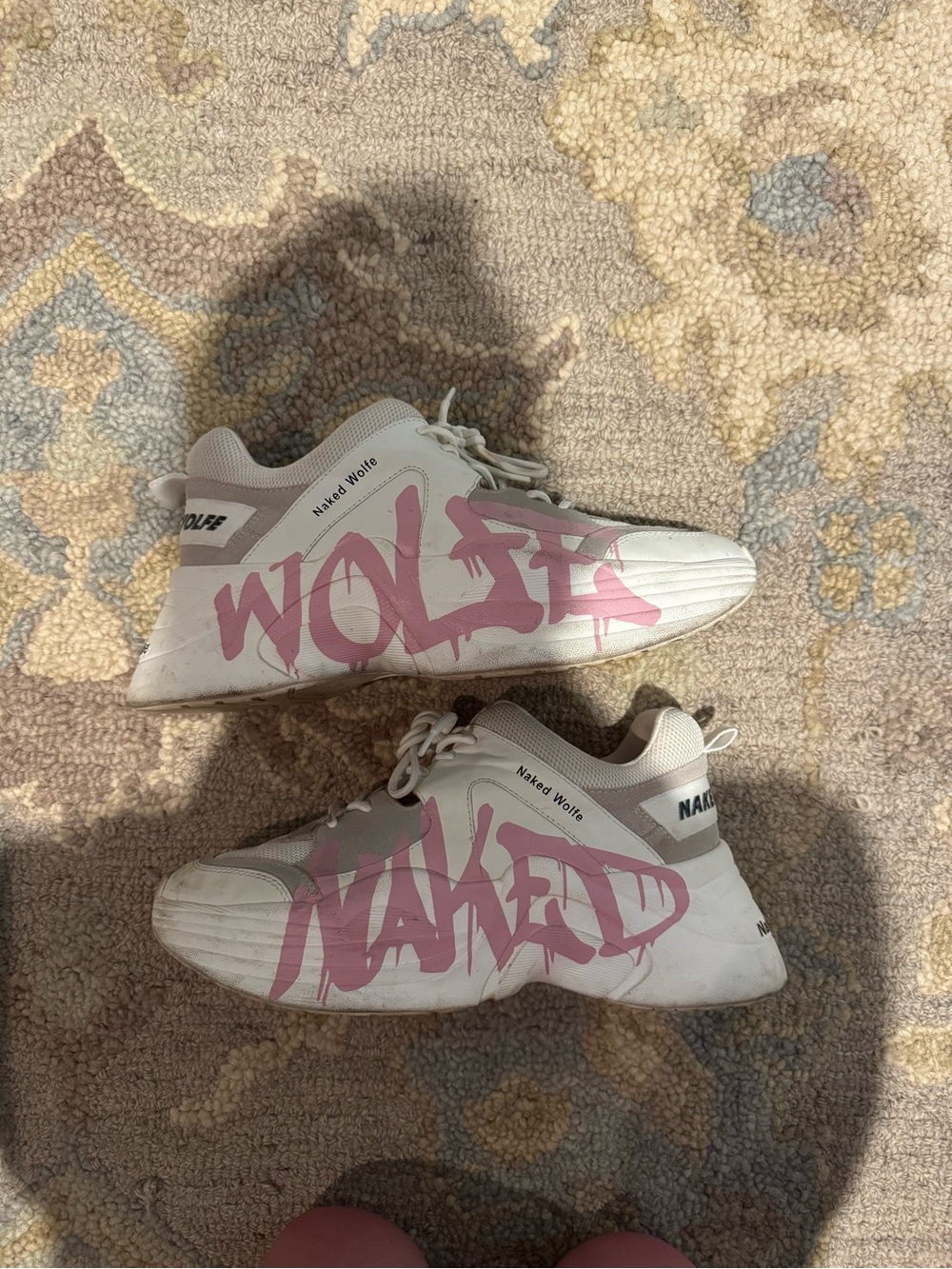 Naked Wolfe White Sneakers with Pink Graffiti Script